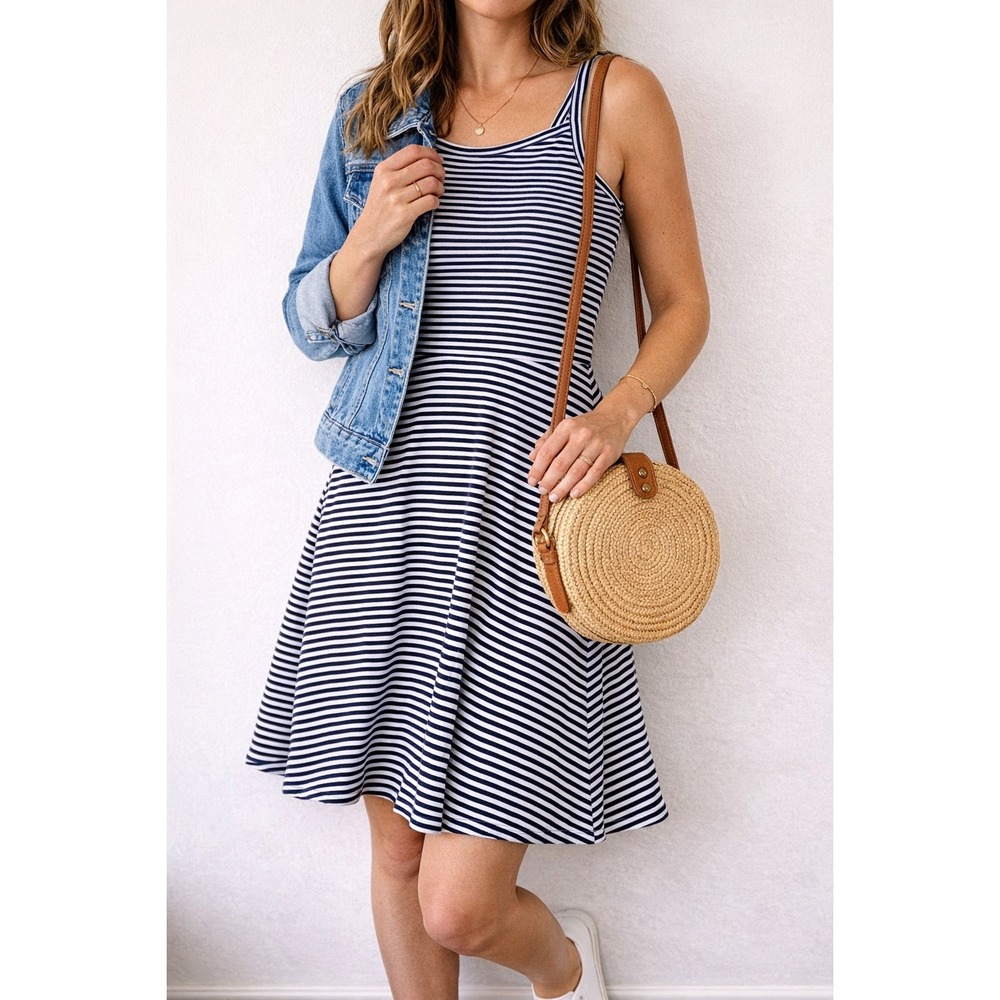 Toad&Co Navy White Striped Dress Womens Medium Fit Flare Tencel Organic Cotton